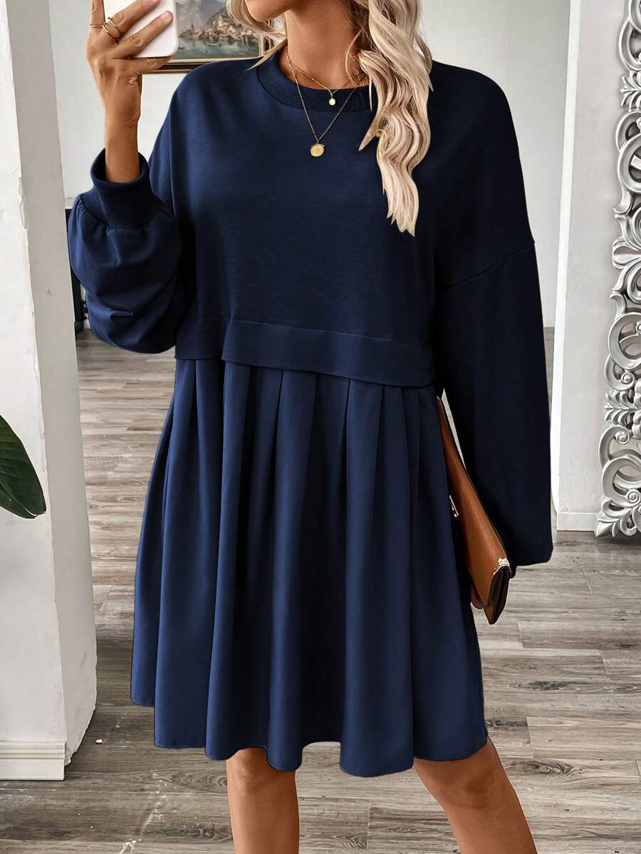 SHEIN Unity Women's Lantern Sleeve Pleated Long Sleeve Sweatshirt Dress, Autumn Fall Cloth For Women - Navy Blue - View 1