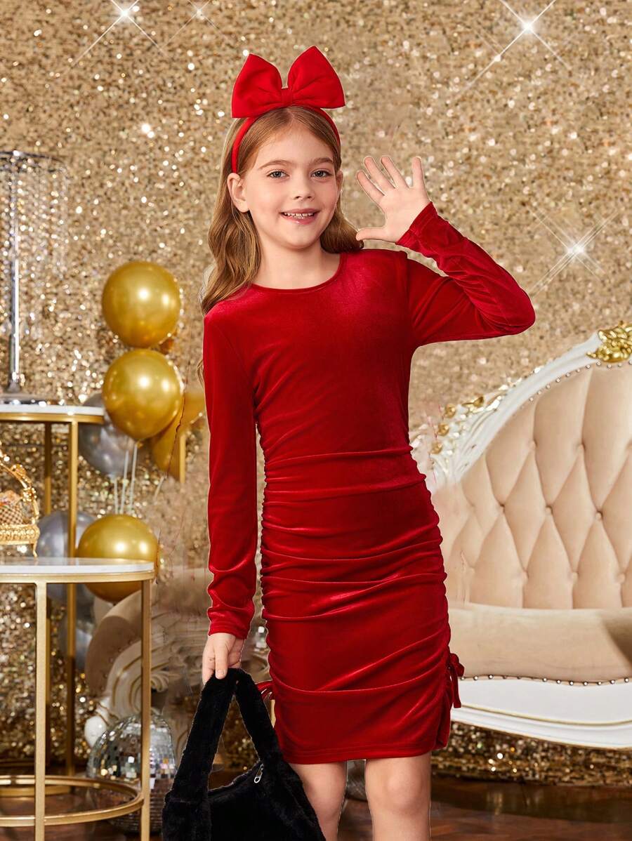 SHEIN Tween Girls Velvet Ruched Side Seam Elegant Fitted Dress, For