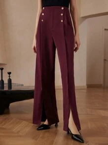 SHEIN Privé Quần ống rộng ống rộng có khóa kim loại cho nữ - Màu Đỏ Sâu - Xem 6