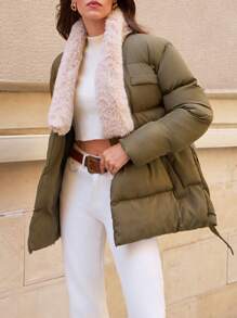 EURMUSE Faux Fur Big Collar Quilted Stylish Two Pocket Padded Puffer Winter Coat With Belt - Khaki - View 6