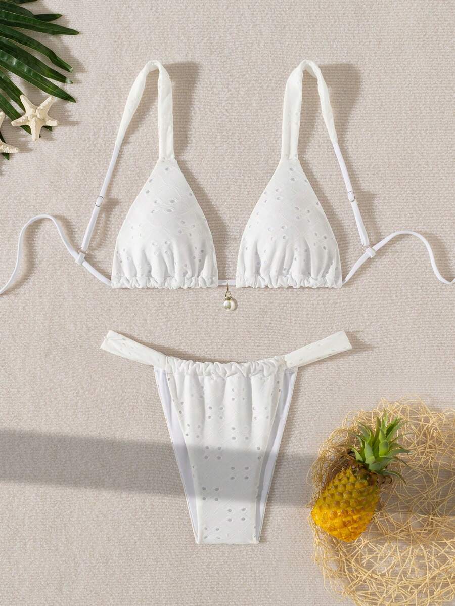 SHEIN Swim 2pcs Women Solid Color Specialty Fabric Spaghetti Strap Triangle Bikini Swimwear Set Summer
