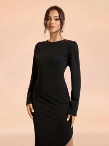 SHEIN Belle Đầm dự tiệc cocktail cổ tròn bó sát thời trang và thanh lịch cho nữ (thủ công tinh xảo), viền nối xích bất đối xứng, thời trang, thanh lịch và tao nhã, đầm dạ hội bán trang trọng dài tay, cho sinh nhật, khách dự tiệc cưới, tốt nghiệp, về quê - màu đen - Xem 8