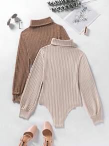 INAWLY Set de 2 piezas Body de manga larga con cuello alto de unicolor y talla grande, para uso casual en otoño/invierno - Marrón - Ver 2