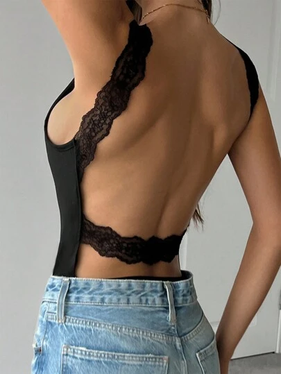 SHEIN ICON 女士纯色蕾丝拼接圆领紧身衣