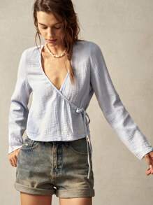 Bohemela Áo cánh tay dài rộng cổ chữ V dệt màu trơn cho nữ, thích hợp cho kỳ nghỉ - Màu xanh nhạt - Xem 3