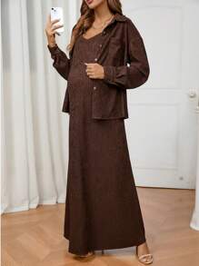 SHEIN 2pcs/Set Pregnant Women Solid Color Long Sleeve Loose Jacket And Sleeveless Casual Dress, Autumn, For Maternity