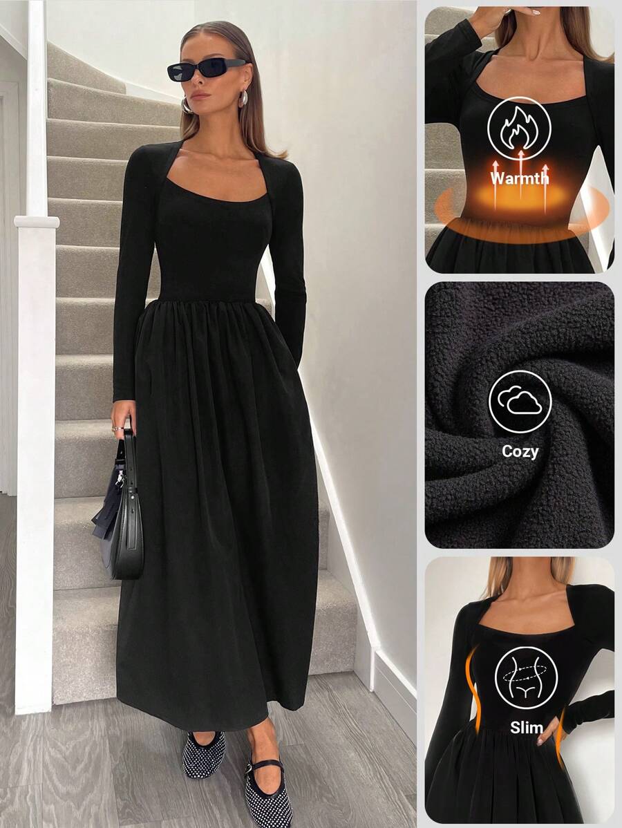 Siren Gaze 女士羊毛衬里保暖长裙，黑色，长袖，口袋，秋季时尚，黑色长袖连衣裙，秋季女装，仙女裙，女士服装，加垫连衣裙，秋季女装 - 黑色 - 查看 1