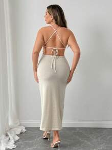 Flirla Plus Size Floral Applique Solid Color Camisole Backless Sweater Dress - White - View 2