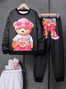 SHEIN Girls' Oversized Teddy Bear Graphic Sweatshirt & Pants Set