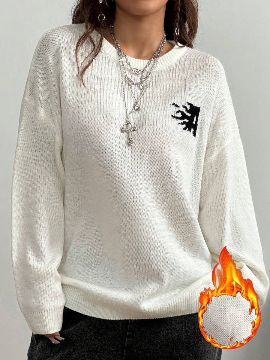 SHEIN EZwear 女士秋季 Y2K 哥特图案圆领毛衣 - 黑色 - 查看 1