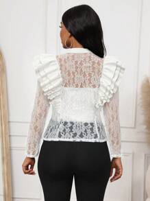 SHEIN Lady Cárdigan con botones frontales de piel sintética en patchwork, con volantes y encaje negro para mujer - Blanco - Ver 2