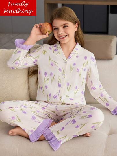 SHEIN 青少年女孩郁金香印花长袖上衣和长裤两件套家居服套装