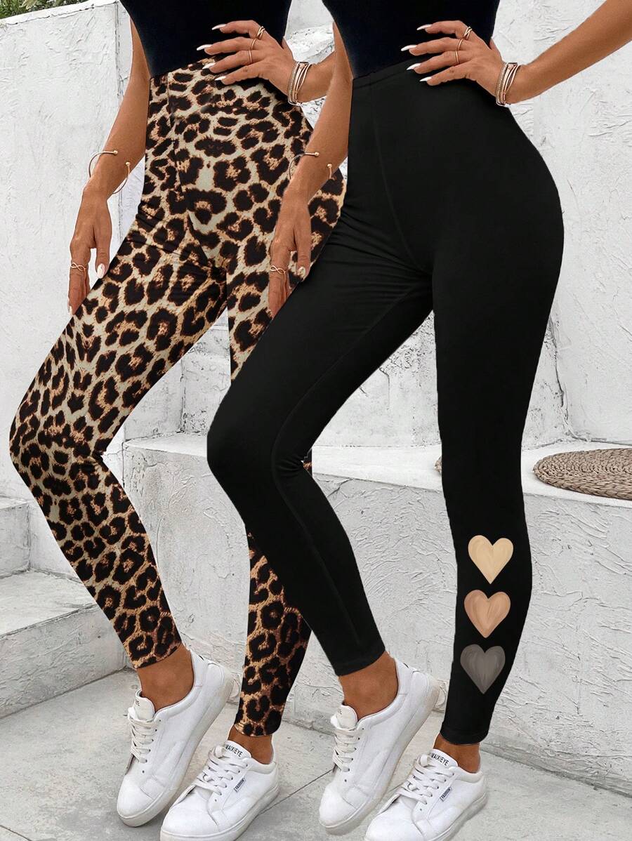 EMERY ROSE 2pcs Set Casual Minimalist Heart And Leopard Print Leggings For Women, Spring & Autumn Suitable For Going Out - Multicolor - View 1