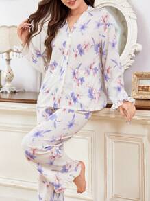 Bộ đồ ngủ dài tay có cổ viền bèo nhún in hoa dành cho nữ - Màu xanh lam - Xem 1