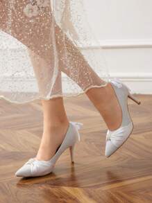 CUCCOO HITCHD Women's Pointy Toe Satin Ribbon & Bow Faux Pearl Decor White High Heel Pumps Fall - White - View 7