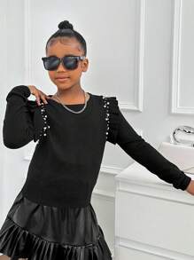 SHEIN Áo len cổ tròn viền bèo nhún cho bé gái tuổi teen giản dị tối giản thoải mái - màu đen - Xem 4