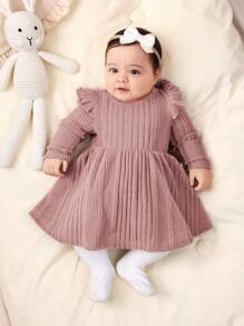 SHEIN Đầm dài tay màu trơn dệt kim dễ thương tối giản giản dị cho bé gái sơ sinh - Màu Hồng baby - Xem 5