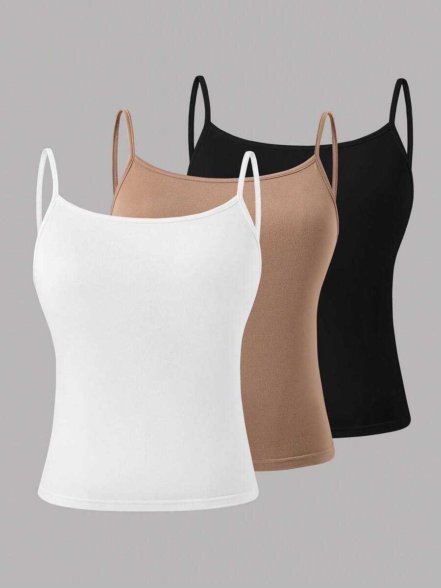SHEIN 3pcs/Set Teen Girl Casual Camisole Knit Tops, Cami Top, Suitable For All Seasons