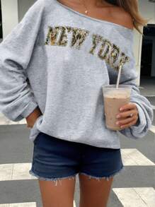 Muchica Áo nỉ dài tay hở vai họa tiết cành cây ngụy trang New York dành cho nữ - Màu Xám nhạt - Xem 5