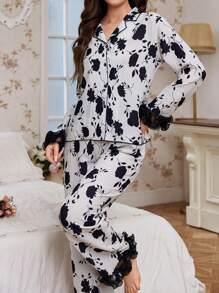 2 Pieces Women Elegant Floral Print Ruffle Hem Blouse And Pants Pajama Set, Comfortable For Autumn - Black - View 3