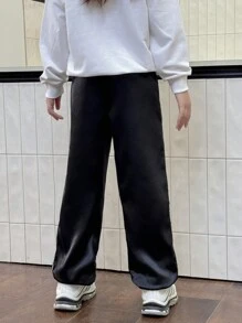 SHEIN Tween 女童缎面卷边慢跑裤，时尚休闲街头运动风格 - 黑色 - 查看 2