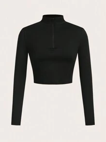 SHEIN Essnce 3 件套女士运动套装，罗纹立领半拉链长袖 T 恤，运动胸罩吊带背心，高腰紧身裤，女士套装，黑色紧身裤，黑色紧身胸衣上衣，工装裤 - 黑色 - 查看 10