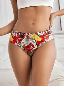 LOONEY TUNES X SHEIN 2 paquetes de bragas básicas y cómodas con estampado de dibujos animados en negro y rojo para mujeres