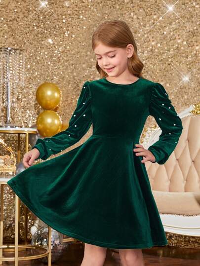 SHEIN Tween 女童圣诞休闲纯色圆领珍珠装饰长袖连衣裙