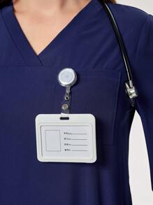 TaskEZ V领长袖4口袋撞色休闲女式T恤洗刷制服套装衬衫和女士工作服直筒裤健康检查手术洗刷制服套装女士纯色宠物美容工作洗刷制服套装营养师工作服短袖实验室工作服女式两件套，多口袋功能性工作服，上衣领口带拉链方便穿脱，下身松紧腰带方便穿脱 - 藏蓝色 - 查看 7