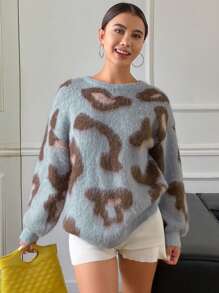 DAZY Relaxed Oversized Leopard Print Knit Sweater For Women