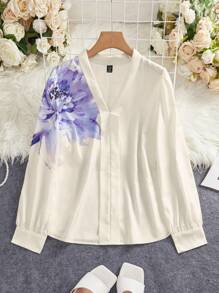 Mulvari Damen Große Größen Elegante Bluse mit floralem Muster, V-Ausschnitt und Langarm, Frühling-Sommer - Aprikosenfarben - Übersicht 1