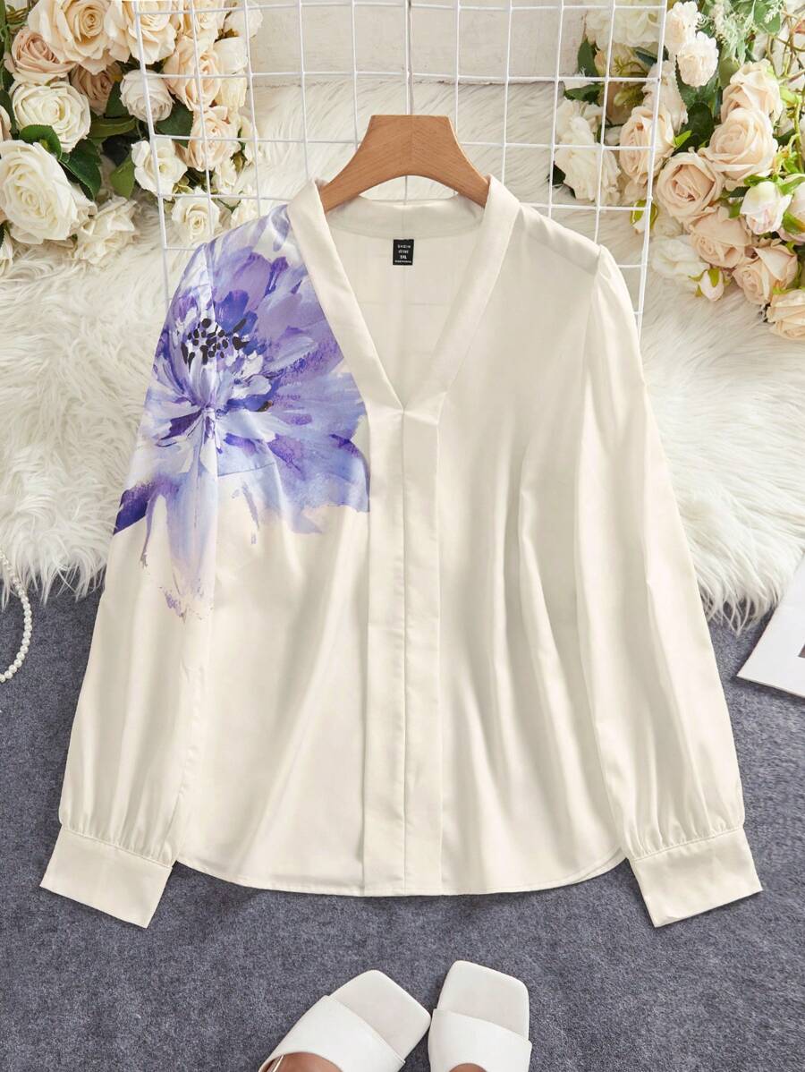 Mulvari Áo cánh tay dài cổ chữ V in hoa cỡ lớn thanh lịch cho nữ, mùa xuân-hè - Màu be - Xem 1
