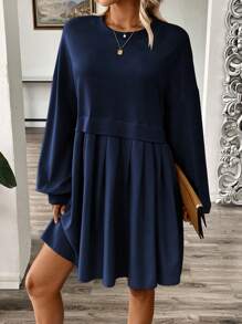 SHEIN Unity Women's Lantern Sleeve Pleated Long Sleeve Sweatshirt Dress, Autumn Fall Cloth For Women - Navy Blue - View 4