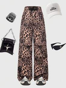 SHEIN Explorewe Pantalones de carga con estampado de leopardo para niña preadolescente, pantalones anchos de moda con ajuste holgado, adecuados para primavera, verano, otoño e invierno - Multicolor - Ver 2