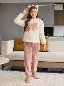 SHEIN Tween Girls Pajamas: Comfortable Warm Fleece Bowknot Embroidered Striped Long Sleeve Top And Long Pants 2-Piece Home Wear Set, Autumn/Winter - Multicolor - View 4