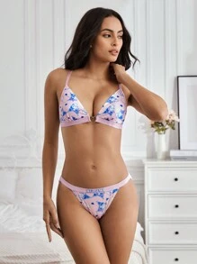 HELLO KITTY AND FRIENDS | SHEIN Women Cute Sexy Pink Cartoon Heart Print Comfortable Bra And Brief Lingerie Set - Mauve Purple - View 1