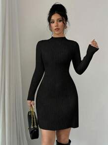 Selianne 修身罗纹针织毛衣裙，圆领 - 黑色 - 查看 3