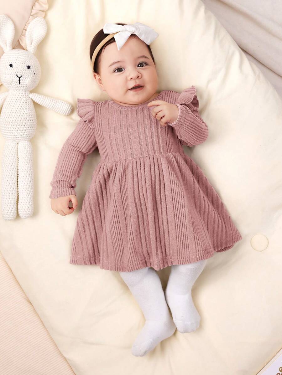 SHEIN Đầm dài tay màu trơn dệt kim dễ thương tối giản giản dị cho bé gái sơ sinh - Màu Hồng baby - Xem 1