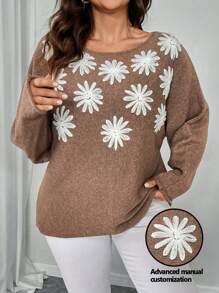 SHEIN Unity Plus Size Embroidery Floral Pattern Crew Neck Loose Fit Casual Pullover Sweater Knit Pullover Fall Winter - Brown - View 1