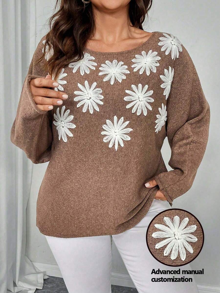 SHEIN Unity Plus Size Embroidery Floral Pattern Crew Neck Loose Fit Casual Pullover Sweater Knit Pullover Fall Winter - Brown - View 1