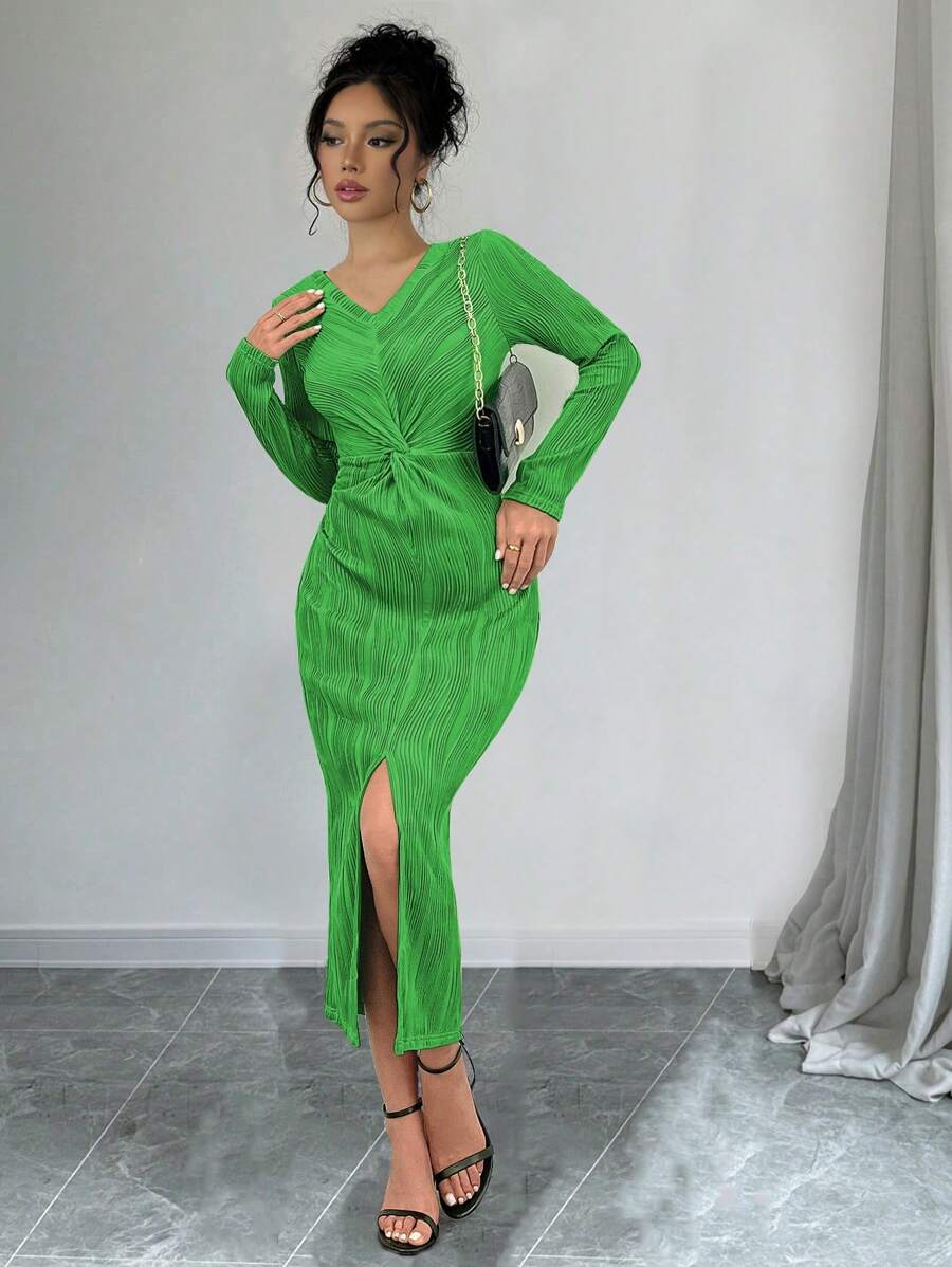 Chiquease Women's New Texture Knot Detail Split Front Knit Dress Fall Cloth For Women - Green - View 1