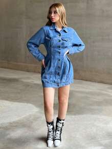 SHEIN EZwear 女士 Y2K 休闲牛仔水洗紧身连衣裙 - 淺色水洗藍 - 查看 6