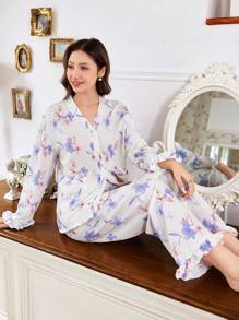 Bộ đồ ngủ dài tay có cổ viền bèo nhún in hoa dành cho nữ - Màu xanh lam - Xem 5