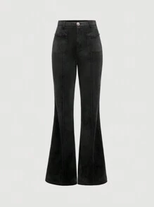 SHEIN MOD 女士黑色优雅天鹅绒毛绒带口袋喇叭裤、秋冬裤、圣诞嬉皮士服装、猫女服装、外出、海盗返校节、魔鬼服装 - 黑色 - 查看 1