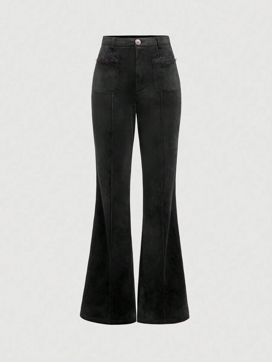 SHEIN MOD 女士黑色优雅天鹅绒毛绒带口袋喇叭裤、秋冬裤、圣诞嬉皮士服装、猫女服装、外出、海盗返校节、魔鬼服装 - 黑色 - 查看 1