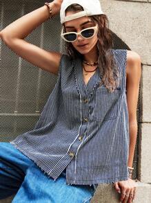 Bohemela 女士宽松度假条纹无袖上衣 - 藍白色 - 查看 8