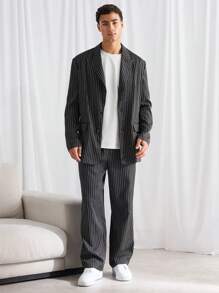 Manfinity VCAY Men's Slim Fit Striped Casual Blazer Jacket Suitable For Autumn, For Fall Winter - Black - View 2