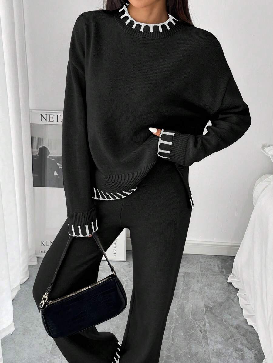 SHEIN 秋季拼色宽松优雅女士套装、长袖毛衣和裤子两件套 - 黑色 - 查看 1