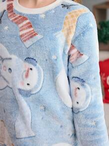 圣诞快乐女孩灰蓝色简约时尚圣诞老人印花全身图案长裤和长袖柔软保暖 2 件套睡衣套装，舒适家居服 - 灰色 - 查看 7