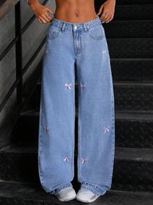 SHEIN ICON Simple Front Button Patch Pocket Bow Embroidery Washed Denim Jeans, Casual Everyday Wear
